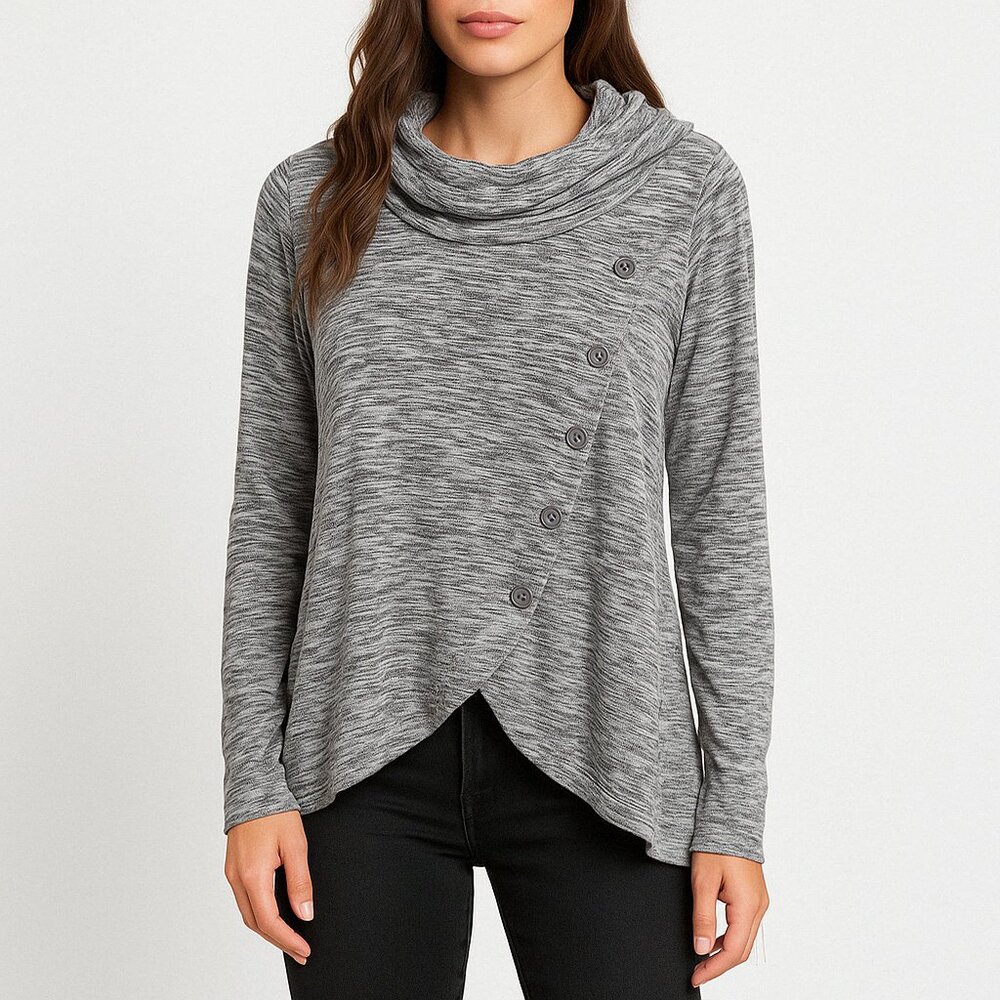 Connections (NWOT) Gray Marled Asymmetrical Button Cowl Neck Sweater Top XL